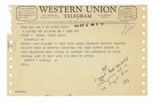 AUTOGRAPH NOTE SIGNED BY THE FUTURE VICE-PRESIDENT: SPIRO AGNEW'S BITTER RESPONSE TO A PLEA FROM A BLACK LEADER ON BEHALF OF PROTESTING BOWIE STUDENTS.