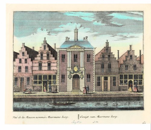 Vue de la Maison Nommee Meermans burg. // Gesigt van Meermans Burg. ORIGINAL HAND-COLORED PRINT PICTURING THE MEERMANSBURG COURT IN LEIDEN.