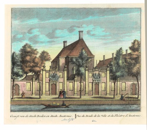 Gesigt van de Stads Doelen en Stads anatomie. // Vue du Doule de la Ville et du Thatre d'Anatomie. ORIGINAL HAND-COLORED PRINT PICTURING THE ANATOMICAL THEATRE IN DELFT.