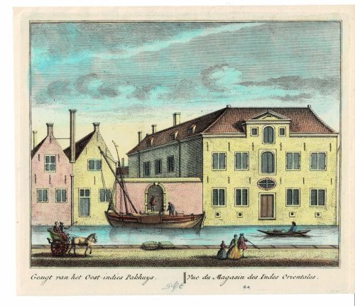 Gesigt van het Oost-indies Pakhuys. // Vue du Magasin des Indes Orientales. ORIGINAL HAND-COLORED PRINT PICTURING THE EAST INDIA WAREHOUSE IN DELFT CONTAINING SPICES, TEA, AND SILK FROM ASIA AND PORCELAIN FROM CHINA.