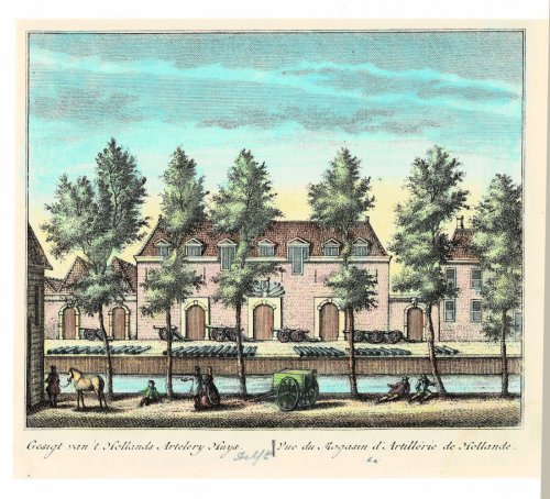 Gesigt van 't Hollands Artelery Huys. // Vue du Magasin d'Artillerie de Hollande. ORIGINAL HAND-COLORED PRINT PICTURING THE AMMUNITION STOREHOUSE IN DELFT.