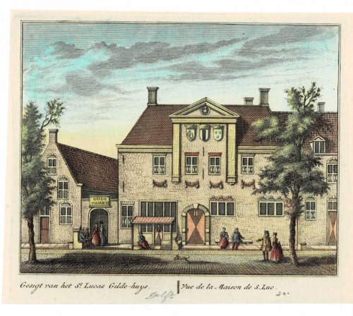 Gesigt van het St. Lucas Gilde-huys. // Vue de la Maison de S. Luc. ORIGINAL HAND-COLORED PRINT PICTURING THE GUILDHALL OF SAINT LUKE IN DELFT.