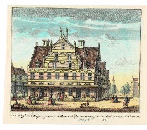 De oude befaamde Huysen, genaamt de Kamerette. // Les anciennes fameuses Maisons nomme de Kamerette. ORIGINAL HAND-COLORED PRINT PICTURING A LANDMARK HOUSE IN DELFT.