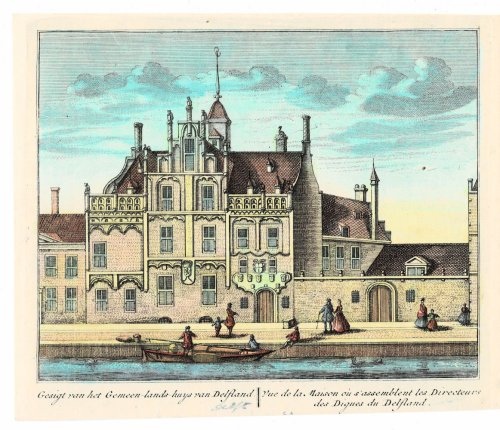 Gesigt van het Gemeen-lands-huys van Delfland. // Vue de la Maison ou s' assemblent les Directeurs des Digues du Delfland. ORIGINAL HAND-COLORED PRINT PICTURING THE HEADQUARTERS OF THE WATERBOARD OF DELFT.