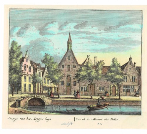 Gesigt van het Meysjes huys //Vue de la Maison des Filles. ORIGINAL HAND-COLORED PRINT PICTURING THE GIRLS HOUSE IN DELFT.