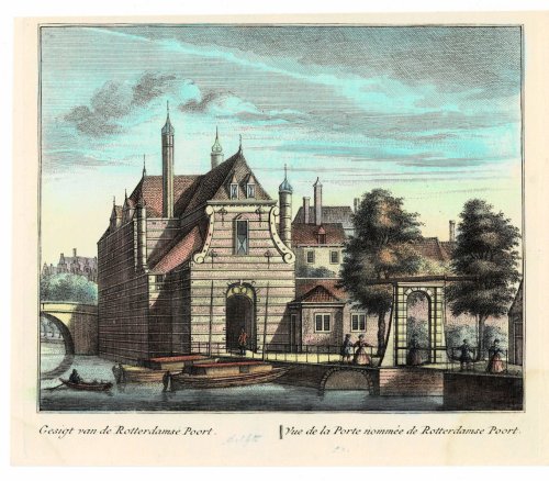 Gesigt van de Rotterdamse Poort. // Vue de la Port nomme de Rotterdamse Poort. ORIGINAL HAND-COLORED PRINT PICTURING THE ROTTERDAM GATE IN DELFT.