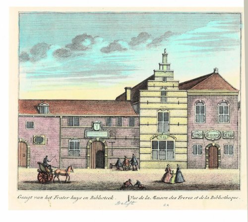 Gesigt van het Frater huys en Biblioteek. // Vue de la Maison des Freres, et de la Bibliotheque. ORIGINAL HAND-COLORED PRINT PICTURING THE CITY LIBRARY AND THE BROTHER'S HOUSE IN DELFT.