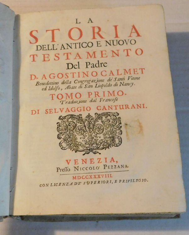 LA STORIA DELL' ANTICO E NUOVO TESTAMENTO, E DEGLI EBREI. Del Padre D. Agostino Calmet.Traduzione dal Francese Di Selvaggio Canturani. (2 Volumes, including a folding plan of Herod's Temple as described by Josephus).