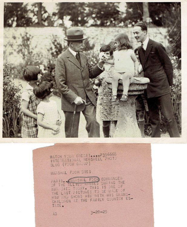 A VINTAGE 1929 NEWS PHOTOGRAPH DEPICTING MARSHAL FOCH WHO COMMANDED ALLIED FORCES DURING THE FIRST WORLD WAR.