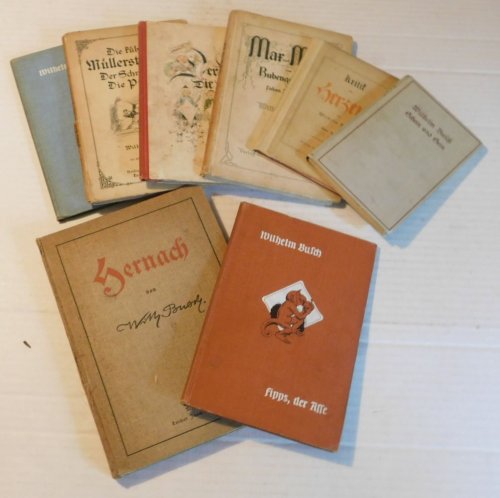 A COLLECTION OF 8 BOOKS BY WILHELM BUSCH FROM THE LIBRARY OF WALT KUHN, INSCRIBED TO WALT KUHN BY HIS WIFE VERA IN 1909, the year of their marriage.