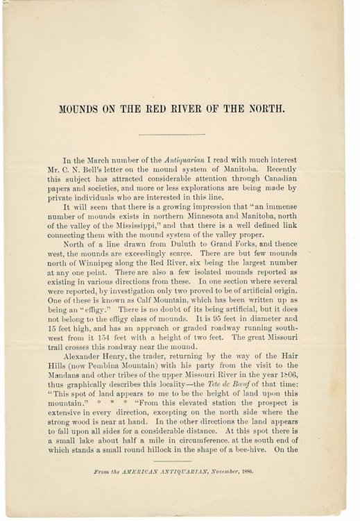 MOUNDS ON THE RED RIVER OF THE NORTH. (Offprint from the American Antiquarian, November, 1886).