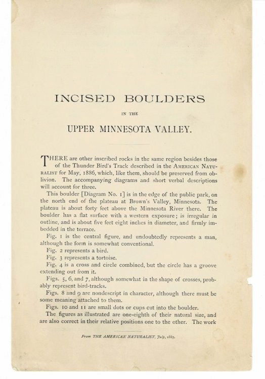 INCISED BOULDERS IN THE UPPER MINNESOTA VALLEY. (Offprint from The American Naturalist, July, 1887).