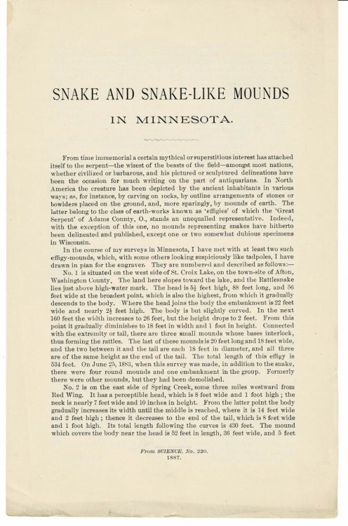 SNAKE AND SNAKE-LIKE MOUNDS IN MINNESOTA. (Offprint from Science, No. 220, 1887).