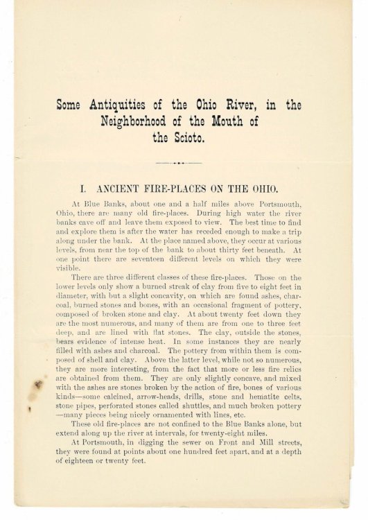 SOME ANTIQUITIES OF THE OHIO RIVER, IN THE NEIGHBORHOOD OF THE MOUTH OF THE SCIOTO. I. ANCIENT FIRE-PLACES ON THE OHIO. (Offprint from the American Antiquarian, May, 1886). II. THE SILVER FIND IN KENTUCKY. (Offprint from the American Antiquarian, July, 1887).