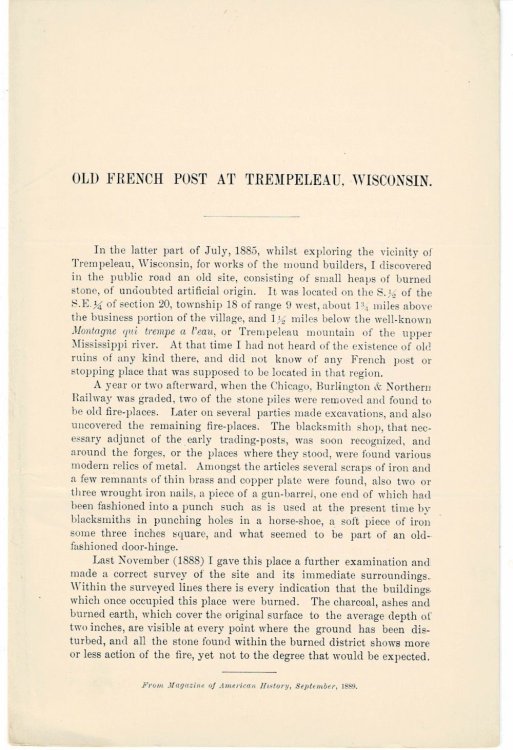 OLD FRENCH POST AT TREMPELEAU, WISCONSIN. (Offprint from the Magazine of American History, September, 1889).