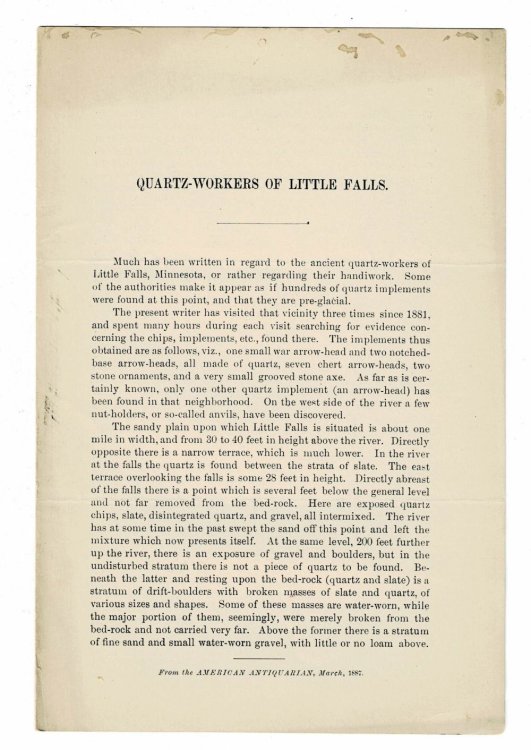 QUARTZ-WORKERS OF LITTLE FALLS. (Offprint from the American Antiquarian, March, 1887).
