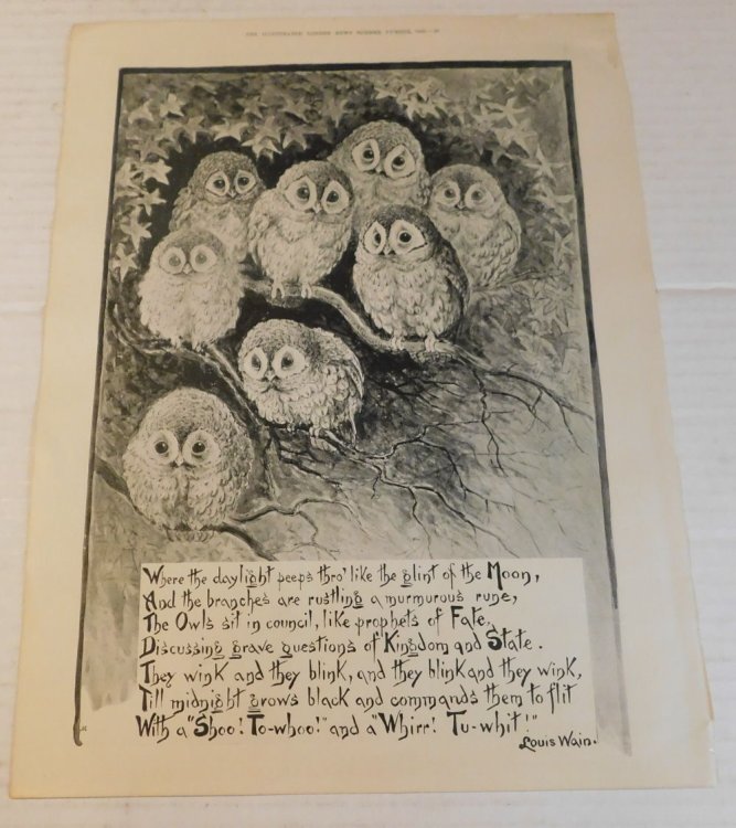A COLLECTION OF 14 ILLUSTRATIONS BY LOUIS WAIN, INCLUDING HIS FAMOUS OWL POEM & PRINT, ON 13 SHEETS REMOVED FROM THE ILLUSTRATED LONDON NEWS AND LESLIE'S WEEKLY.