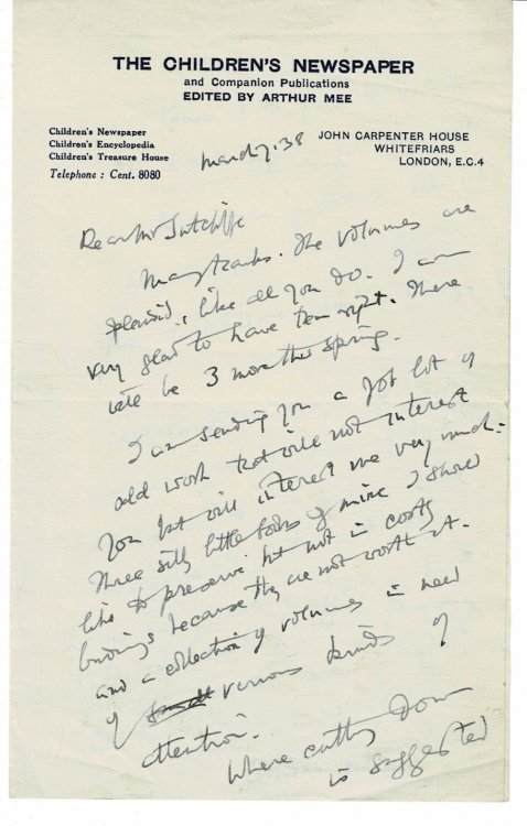 AUTOGRAPH LETTER SIGNED by the English writer and educator ARTHUR MEE to George Sutcliffe, the famous bookbinder.