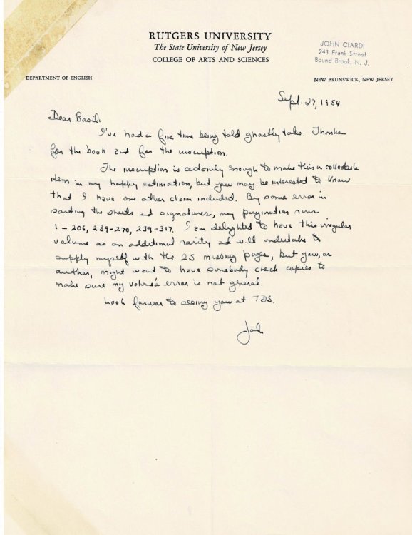 AUTOGRAPH LETTER SIGNED by the American poet JOHN CIARDI, to the American literary critic, anthologist and science fiction author BASIL DAVENPORT, regarding his book of ghostly tales.