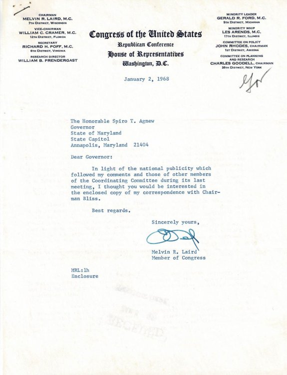 TYPED LETTER SIGNED by MELVIN R. LAIRD as a Congressman to Maryland Governor SPIRO T. AGNEW.