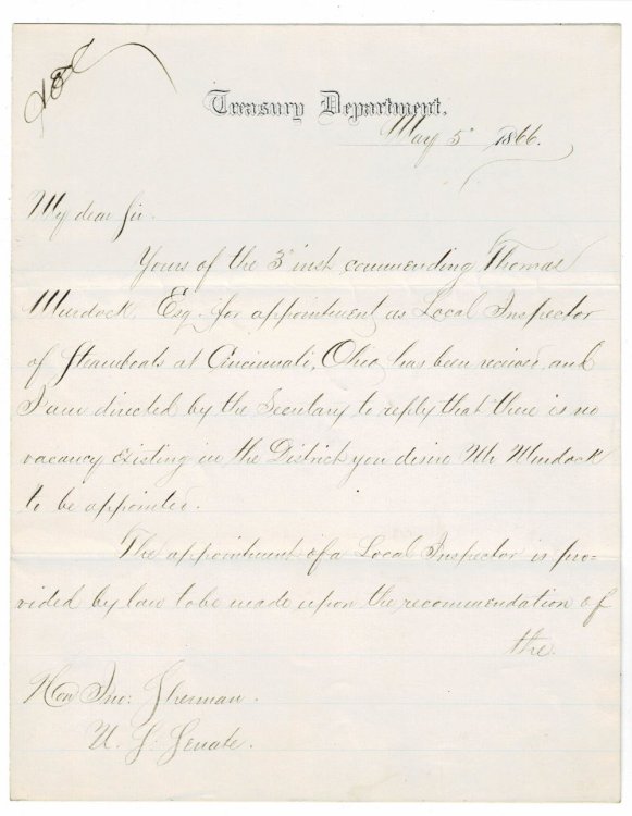 HOLOGRAPH DOCUMENT SIGNED by JOHN F. HARTLEY as Assistant Secretary of the Treasury as a reply to Senator John Sherman of Ohio.