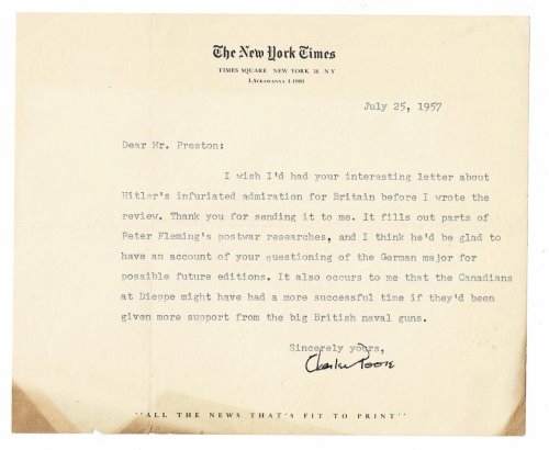 TYPED LETTER SIGNED by New York Times book critic CHARLES POORE to the author JOHN HYDE PRESTON, regarding Peter Fleming's book 