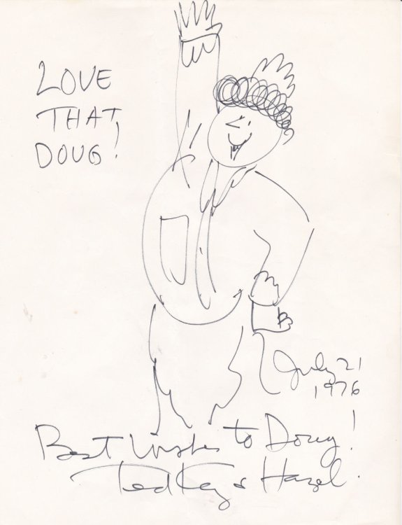 AN ORIGINAL PEN-AND-INK DRAWING of THE CARTOON CHARACTER HAZEL, INSCRIBED to DOUG & SIGNED by the CARTOONIST TED KEY.