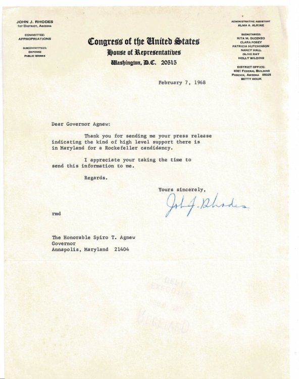 TYPED LETTER SIGNED by the U.S. Congressman from Arizona JOHN JACOB RHODES, JR.