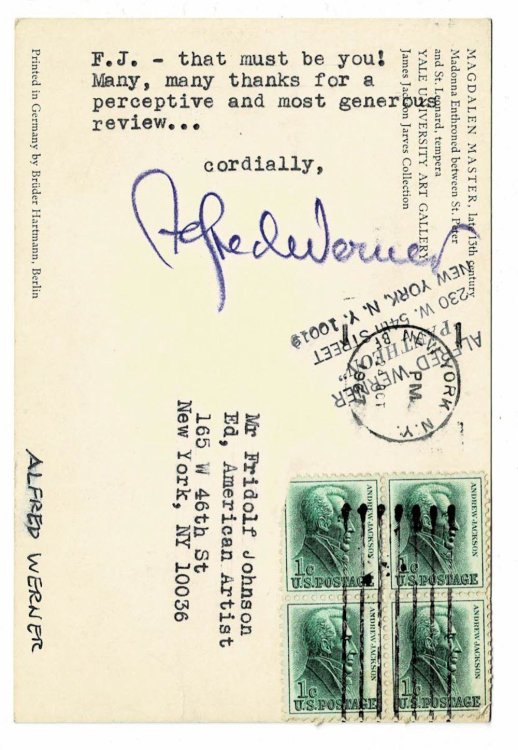TYPED NOTE SIGNED by the art critic & author ALFRED WERNER to American Artist magazine editor Fridolf Johnson.