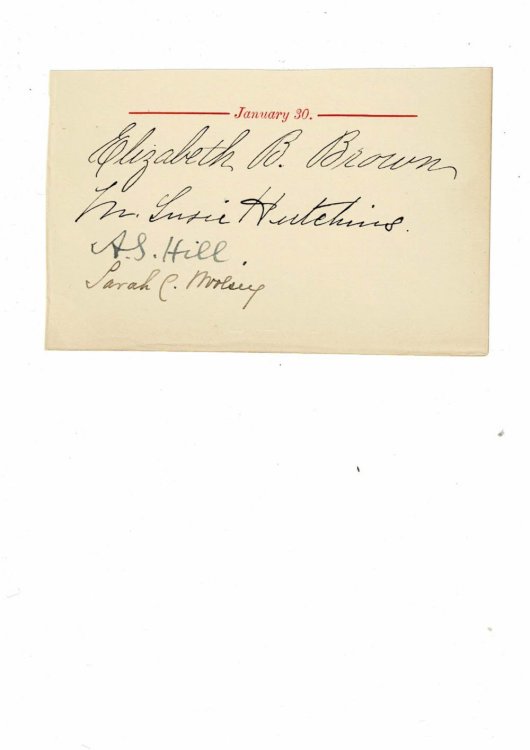 AUTOGRAPHS of the American children's book author SARAH CHAUNCEY WOOLSEY (who wrote under the pen mane Susan Coolidge) and of the American journalist & rhetorician ADAMS SHERMAN HILL, both penned with others on a slip of paper removed from a birthday book under the date of their birthday.