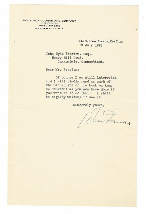 TYPED LETTER SIGNED by the publisher JOHN C. FARRAR to the author JOHN HYDE PRESTON referring to Preston's manuscript for a book on the Symbolist poet and author Remy de Gourmont.