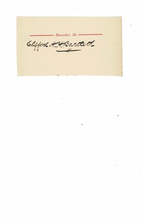 AUTOGRAPH of the Judge-Advocate-Gemeral MAJOR CLIFFORD A.H. BARTLETT penned on a slip of paper removed from a birthday book under the date of his birthday.