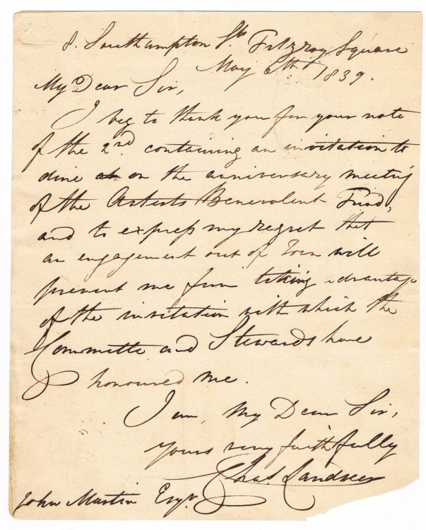 AUTOGRAPH LETTER SIGNED BY ARTIST CHARLES LANDSEER, to John Martin, secretary of the Artists' Benevolent Fund.