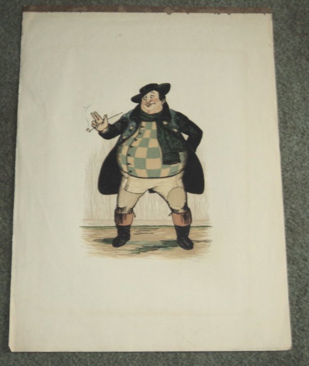 SUPERB COLOR WOODCUT CARICATURE of TONY WELLER, a large pipe-smoking black clad coachman who is the father of Sam Weller in the Pickwick Papers.