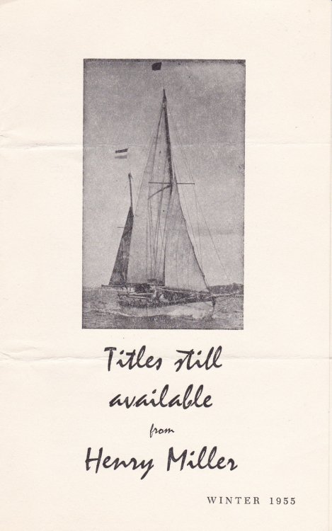 TITLES STILL AVAILABLE FROM HENRY MILLER. Winter 1955. (Catalog).