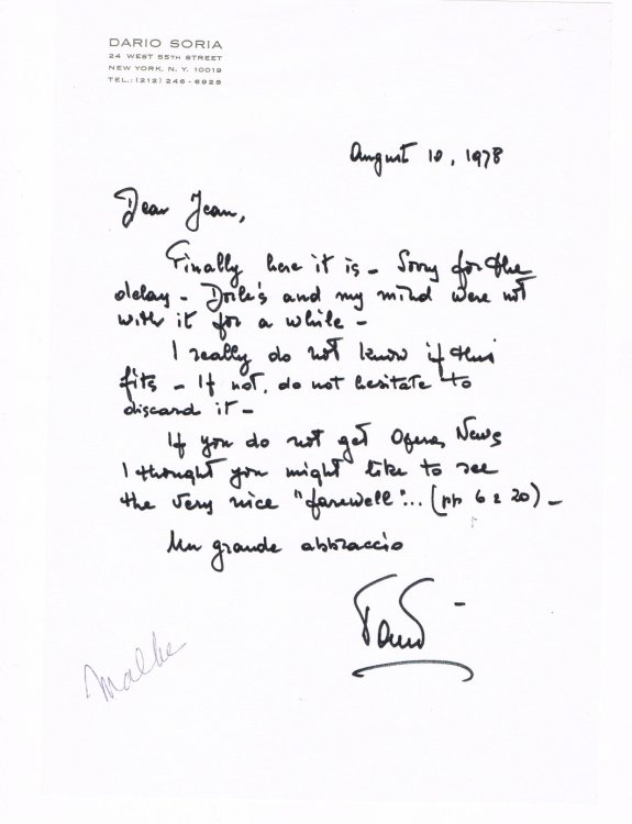 AUTOGRAPH LETTER SIGNED by DARIO SORIA founder of Angel Records to City Center producer JEAN DALRYMPLE.