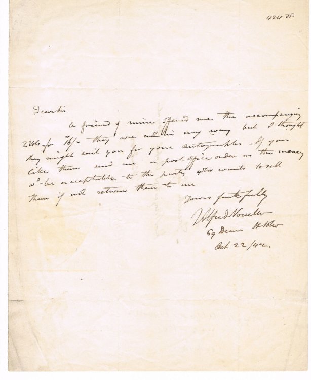 AUTOGRAPH LETTER SIGNED by JOSEPH ALFRED NOVELLO, Composer, organist, music publisher and friend of Mendelssohn.