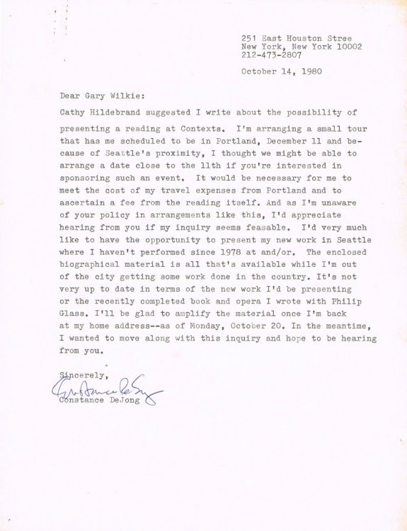 TYPED LETTER SIGNED by American writer CONSTANCE DEJONG with photo and publicity material.