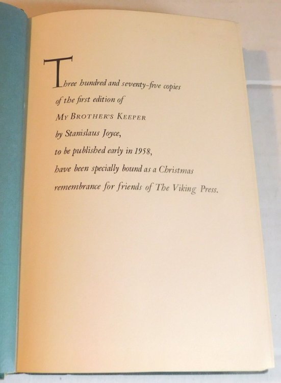 MY BROTHER'S KEEPER: James Joyce's Early Years. Edited, with an Introduction and Notes, by Richard Ellmann. Preface by T. S. Eliot.