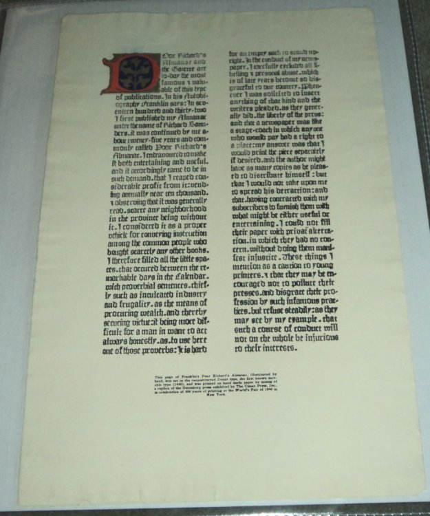 [ILLUMINATED BROADSIDE]: POOR RICHARD'S ALMANAC AND THE GAZETTE ARE TO-DAY THE MOST FAMOUS OF THIS TYPE OF PUBLICATIONS [SIC]. IN HIS AUTOBIOGRAPHY FRANKLIN SAYS.