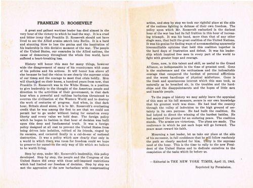 FIRST (ONLY) SEPARATE PRINTING OF NY TIMES EDITORIAL ON THE DEATH OF FRANKLIN D. ROOSEVELT. With TLS from Times editor giving permission for its publication.