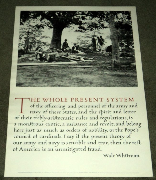 THE WHOLE PRESENT SYSTEM: A SUPERB PHOTOGRAVURE BROADSIDE ILLUSTRATED WITH A CIVIL WAR IMAGE ABOVE LINES QUOTED FROM A FOOTNOTE IN WALT WHITMAN'S 