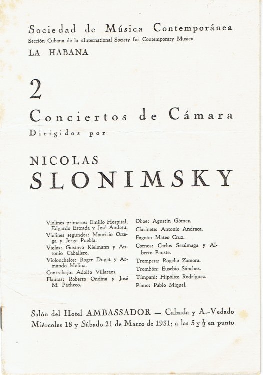 2 CONCIERTOS DE CAMARA DIRIGIDOS POR NICOLAS SLONIMSKY. / Sociedad de Musica Contemporanea: Seccion Cubana de la 