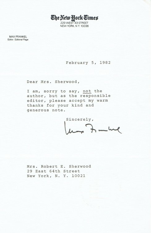 TYPED NOTE SIGNED BY PULITZER PRIZE WINNING REPORTER MAX FRANKEL TO MADELINE SHERWOOD.