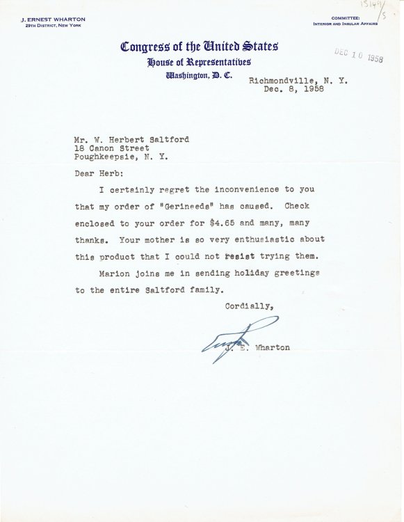 TYPED LETTER SIGNED BY NEW YORK CONGRESSMAN J. ERNEST WHARTON.