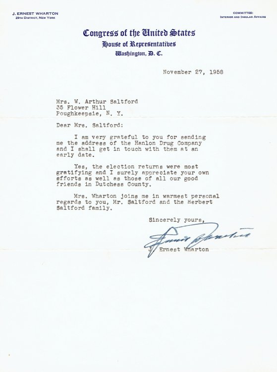 TYPED LETTER SIGNED by NEW YORK REPUBLICAN CONGRESSMAN J. ERNEST WHARTON.