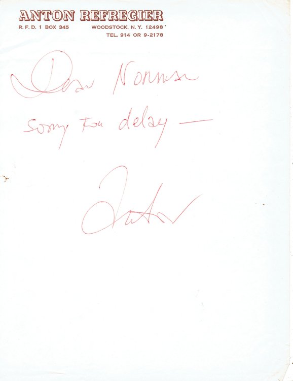 BRIEF AUTOGRAPH NOTE TO THE EDITOR OF AMERICAN ARTIST SIGNED BY ANTON REFREGIER.
