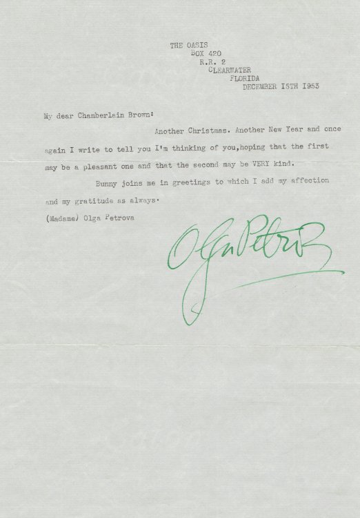 TYPED LETTER SIGNED by Silent film actress and playwright OLGA PETROVA to AGENT CHAMBERLAIN BROWN.