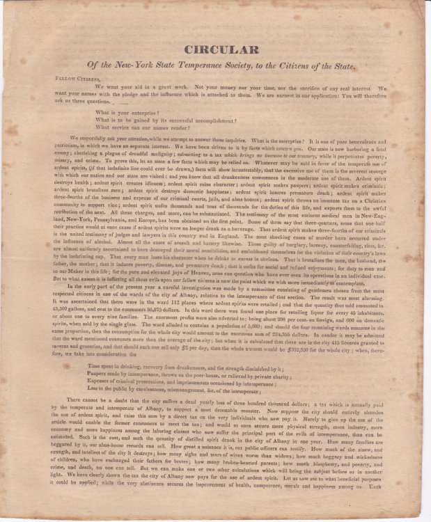 CIRCULAR OF THE NEW-YORK STATE TEMPERANCE SOCIETY, TO THE CITIZENS OF THE STATE.