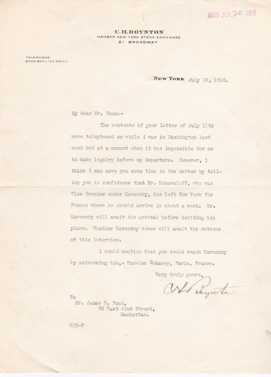 TYPED LETTER SIGNED BY CHARLES H. BOYNTON AT A PIVOTAL MOMENT AFTER THE RUSSIAN REVOLUTION AND DURING WORLD WAR I.